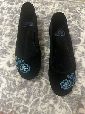 Roxy Black Flats with Blue Floral Embroidery